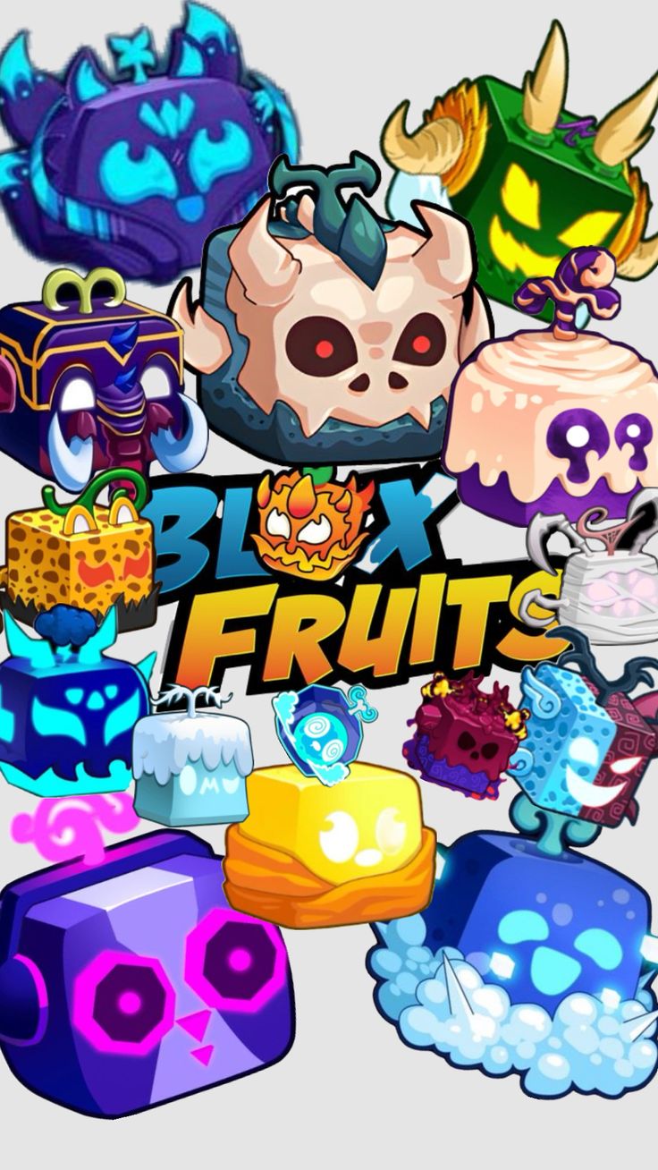 the logo for blox fruits is surrounded by different types of items and colors