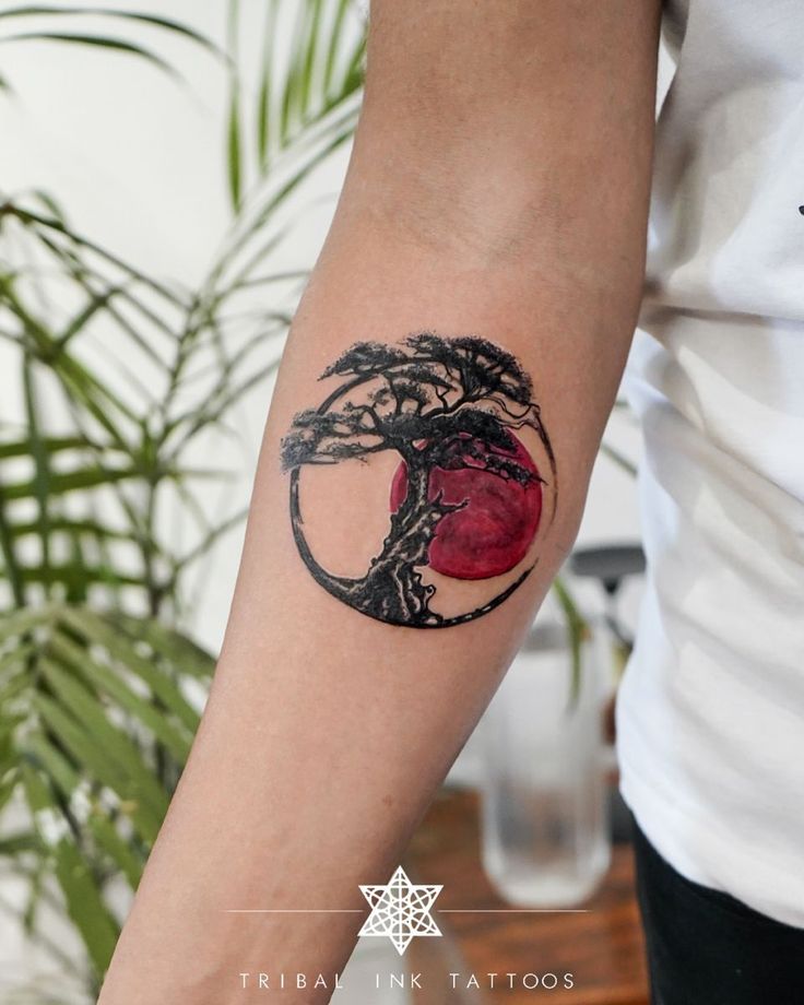 a person with a tattoo on their arm holding a plant and a red sun in the background