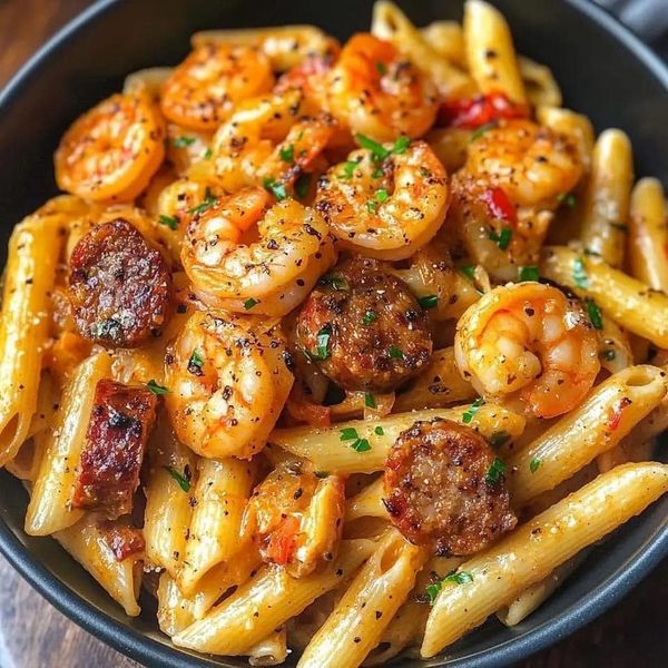 pasta with sausage and shrimp in a black bowl