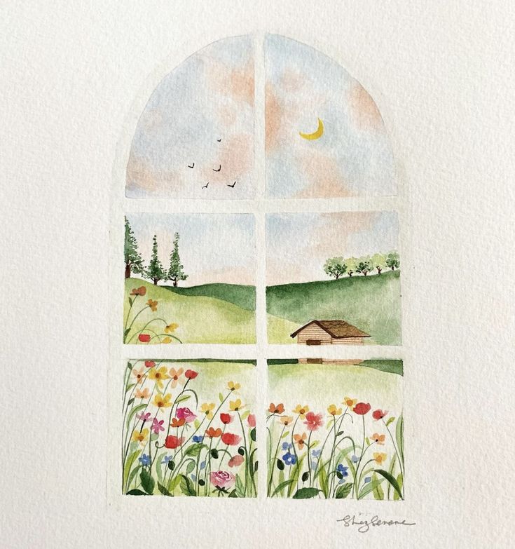 an open window with flowers and a house in the distance, painted by watercolor on paper