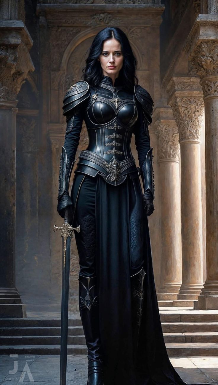 Winter Armor Female, Medieval Female Assassin, Fantasy Dress With Armor, Black Armor Dress, Dresses With Armor, Warrior Women Outfit, Women In Armor Art, Armor Outfits Female, Dark Fantasy Costume