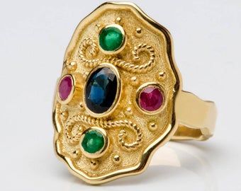 Byzantine Style Oval Gemstone Jewelry, Byzantine Oval Gemstone Jewelry, Byzantine Oval Gemstone Ring, Oval Byzantine Gemstone Ring, Oval Gold Emerald Ring With Stone Setting, Byzantine Style Oval Anniversary Rings, Oval Byzantine Style Anniversary Rings, Gift Byzantine Style Ruby Ring With Gemstone, Oval Gold Ring