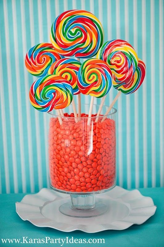 colorful lollipops in a glass vase on a plate