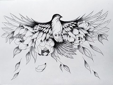 a black and white drawing of a bird with flowers on it's back wing