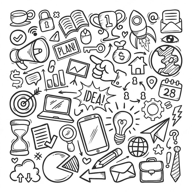 doodle style icons in black and white on a white background for use as a wallpaper