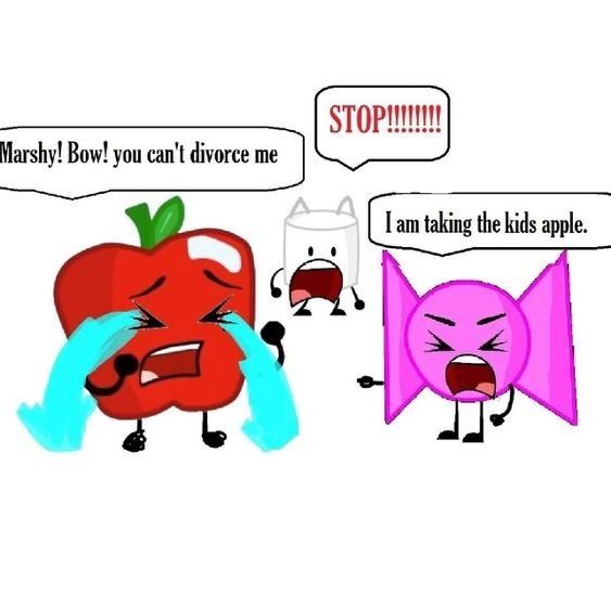 two cartoon characters with speech bubbles, one saying stop and the other saying maybe you can't divor me i am taking this apple