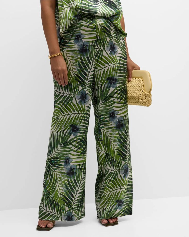 Fresh from the tropics, we've rendered the best selling Sofia pant in a lush palm print. Sophisticated and special, we're seeing these pants with everything from the palm print Gia Silk Top to a tank top and flip flops. Product Information: Stretch silk charmeuse—95% silk, 5% lycra. Flat waistband with invisible back zip. Dry clean and refresh with steam. Model wearing Royal, Leaf Green and Midnight is 5’7” and wearing size 14. Model wearing Bloom is 6'0" wearing size 14. Summer Tropical Print Long Pants, Tropical Print Bottoms For Beach Vacation, Summer Tropical Print Bottoms For Vacation, Casual Tropical Print Pants For Vacation, Summer Pants With Tropical Print For Vacation, Summer Vacation Bottoms With Tropical Print, Green Bottoms For Vacation, Summer Vacation Tropical Print Pants, Casual Tropical Print Beach Pants