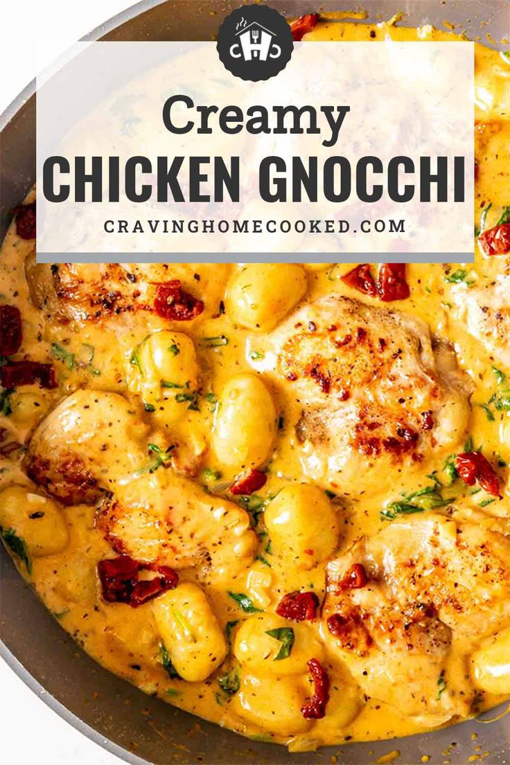 creamy chicken gnocchi in a skillet with text overlay