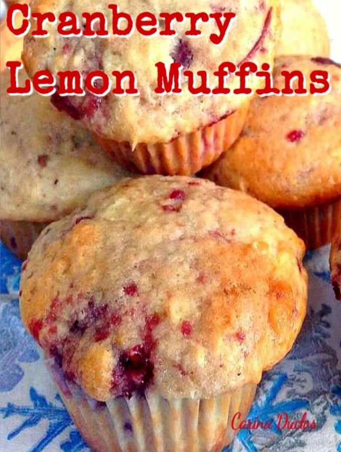 cranberry lemon muffins on a blue and white tablecloth with the words cranberry lemon muffins