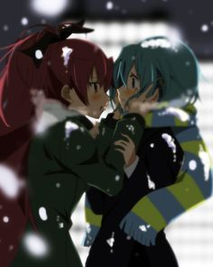 two anime characters hugging in the snow