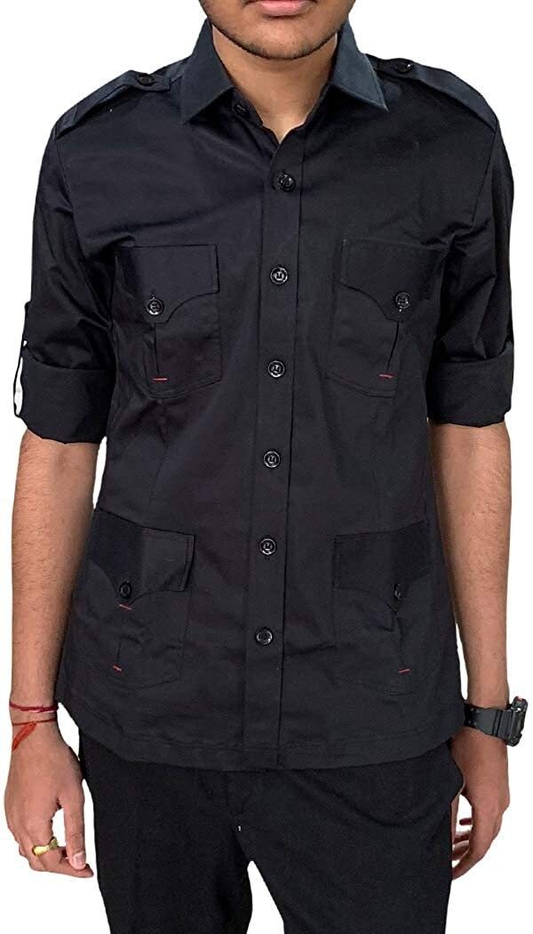 This Safari cotton black shirt is made with two buttoned chest pockets flanked by two waist pockets. Roll up tabs secure sleeves. Functional shoulder epaulettes. All shirts come in standard US sizes Made in Black color thick cotton fabric.Fit for mountaineering, hiking, traveling, camping, running and other outdoor activities Dry Clean Only: Made in India Black Button-up Tops With Flap Pockets, Military Style Shirt For Work With Button Closure, Casual Black Tops With Flap Pockets, Military Style Button-up Shirt With Pockets, Utility Workwear Shirt With Cargo Pockets, Collared Workwear Shirt With Cargo Pockets, Black Shirt With Pockets For Work, Black Collared Tops With Flap Pockets, Black Collared Top With Flap Pockets