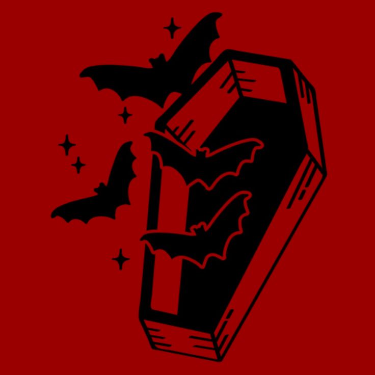 a bat flying out of a box on a red background with stars and bats around it