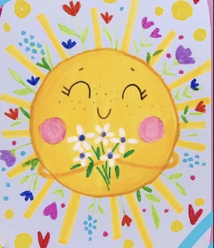 a drawing of a smiling sun with flowers in it's mouth and eyes closed