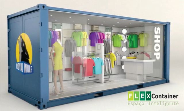 an open shipping container with clothes on display