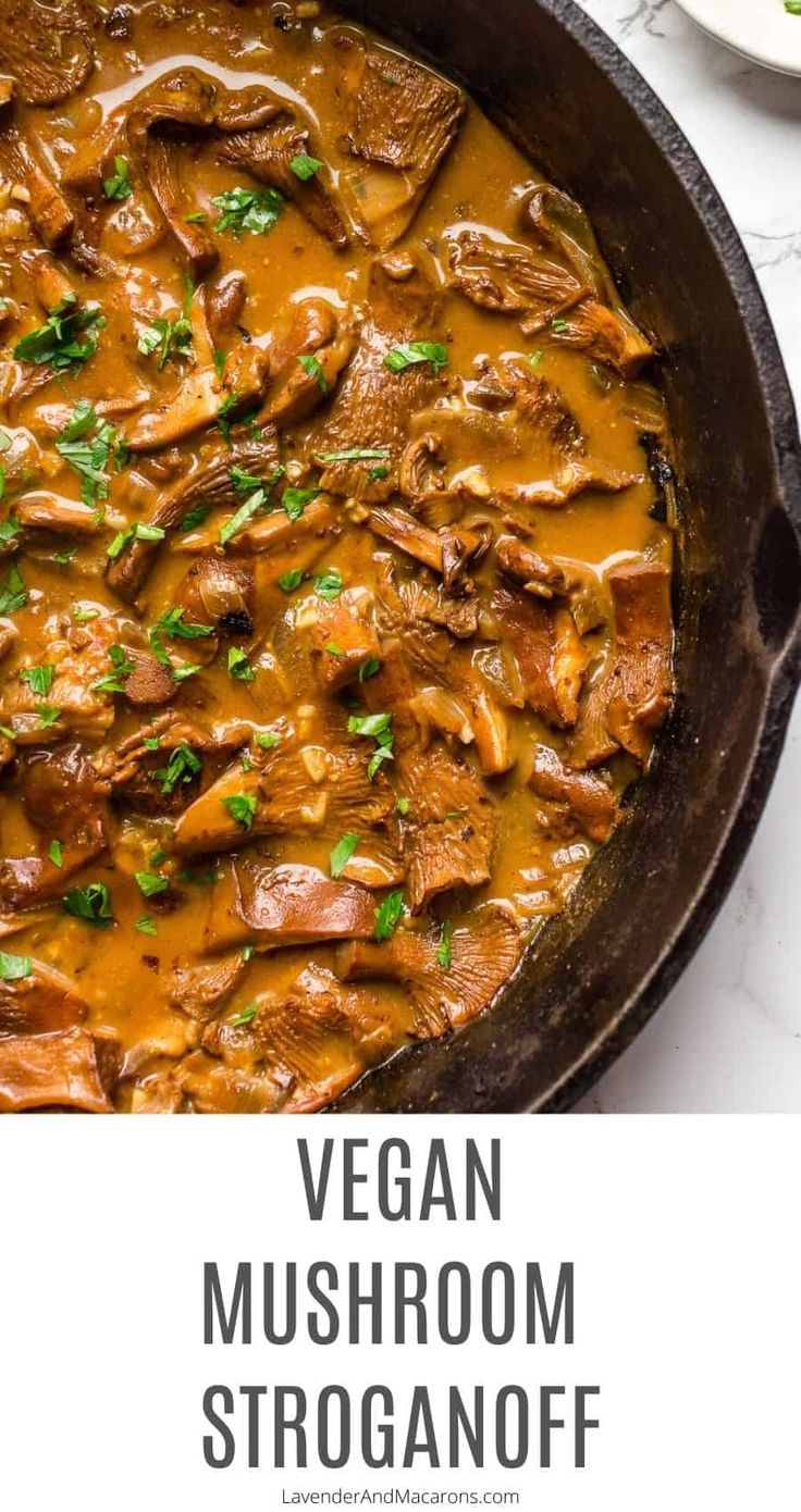 vegan mushroom stroganonof in a skillet with parsley on top