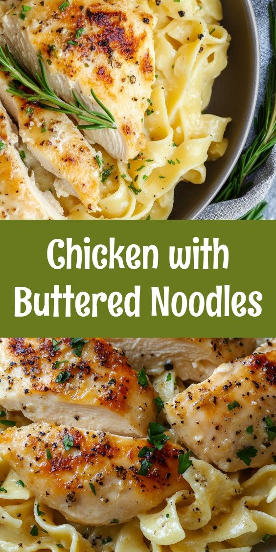 chicken with buttered noodles in a white bowl