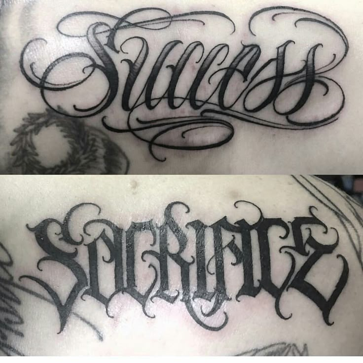 two different tattoos that have the word slavis on them and are black and white