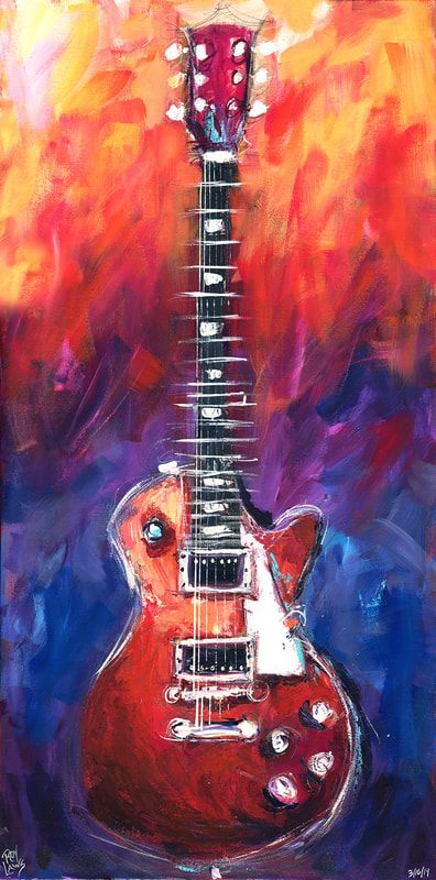 an abstract painting of a red electric guitar