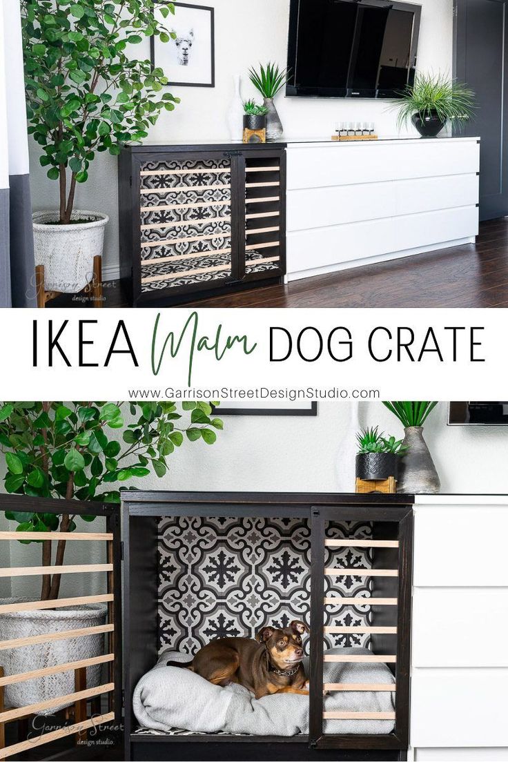 A dog crate can be a big help in the dog's life. A dog crate is generally a collapsible plastic (or sometimes metal) enclosure that's just big enough for your dog to turn around and lie down. Dresser With Dog Kennel, Hide A Dog Crate Ideas, Bedroom Crate Ideas, Dog Kennel Bedroom Furniture, Dog Cage Side Table, Ikea Dog House Hack, Ikea Hack Dog Crate Furniture, Crate Furniture Diy Dog, Ikea Hack Dog Bed