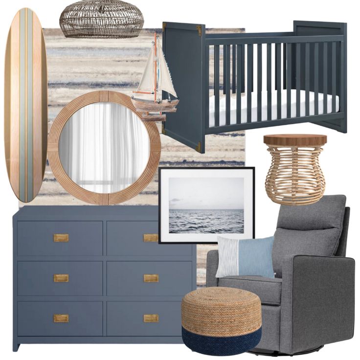 a baby's room with blue and gray furniture, striped wallpaper, round mirror, wicker basket, wooden crib