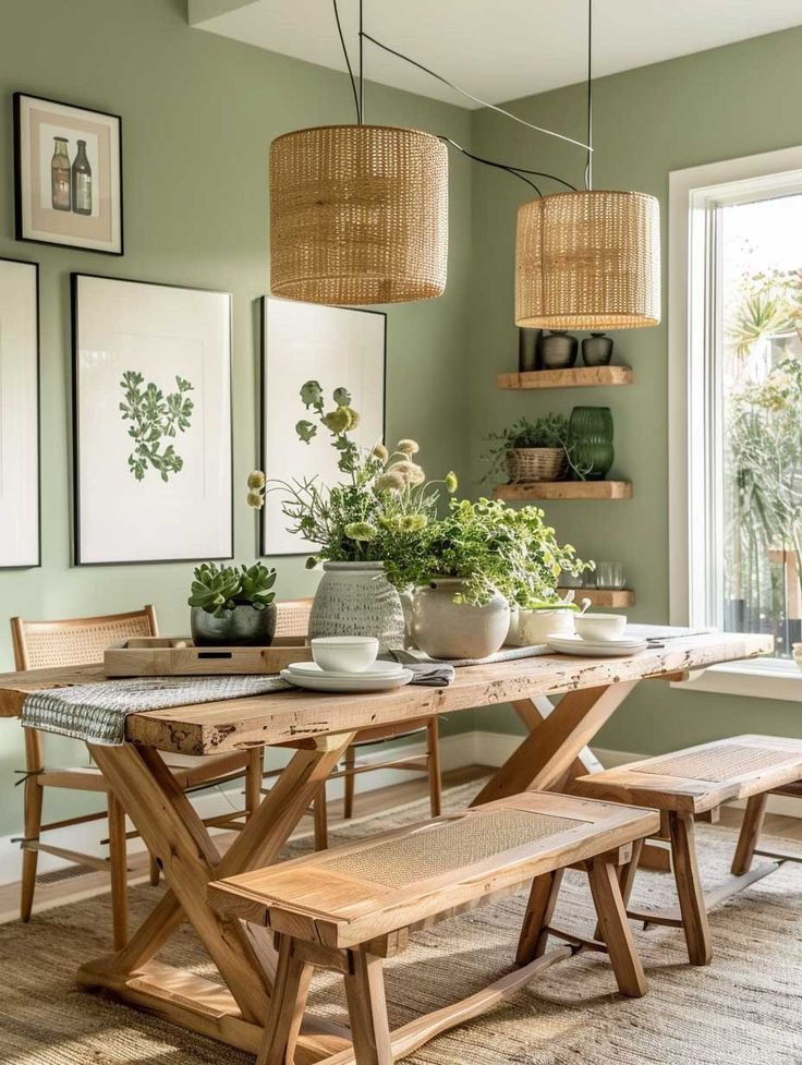 a dining room with green walls and pictures on the wall above it, along with two wooden benches