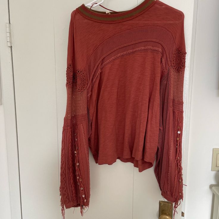 Free People Sweater With Fringe And Embroidery, Size M Never Worn Fall Embroidered Sleeve Fitted Tops, Red Bohemian Crew Neck Blouse, Bohemian Long Sleeve Embroidered Sweater, Red Embroidered Long Sleeve Blouse, Bohemian Embroidered Long Sleeve Tops, Bohemian Long Sleeve Embroidered Tops, Red Bohemian Top For Winter, Embroidered Long Sleeve Red Top, Embroidered Long Sleeve Tops For Fall