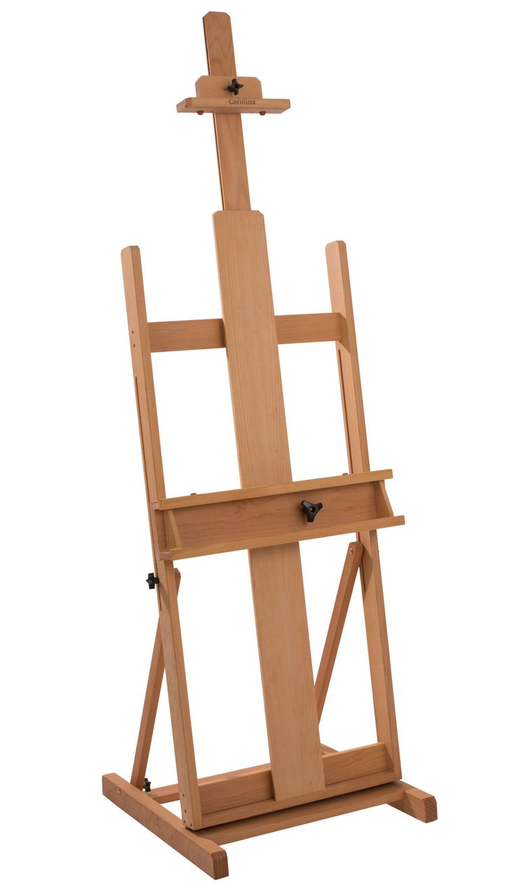 a wooden easel with a white background