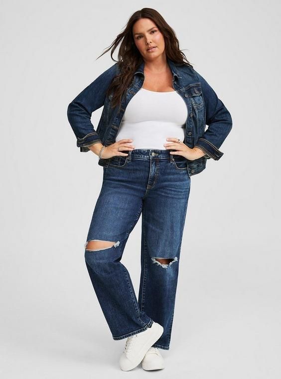 FIT Model is 5'11” wearing size 14. Mid-rise. . Relaxed from hip to hem with wide leg. Designed to be a looser, relaxed style. Size down for a more fitted look. . Inseams: Short 28”, Regular 30”, Tall 32”. MATERIALS + CARE Vintage Stretch Denim: The feel and look of classic denim with just that perfect amount of stretch. . Stretch level: Medium. 98% Cotton, 2% Spandex. Machine wash cold, inside out. Tumble dry low. Imported. DETAILS Front pockets sewn into seams for support. 5-pocket design. WHY Most Comfortable Jeans, Denim Tote, Perfect Jeans, Bra And Panty Sets, On Repeat, Mid Rise Jeans, Fall Shopping, Bottom Clothes, Relaxed Style