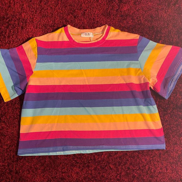 A Darker Version Of The Other Shirt, Never Worn, A Little Wide. Summer Striped Tops With Rainbow Print, Striped Rainbow Print Top For Summer, Summer Rainbow Print Striped Tops, Trendy Striped Rainbow Print Tops, Trendy Rainbow Print Striped Tops, Trendy Striped Tops With Rainbow Print, Striped Rainbow Print T-shirt For Spring, Striped Rainbow Print Crew Neck Top, Spring Striped T-shirt With Rainbow Print