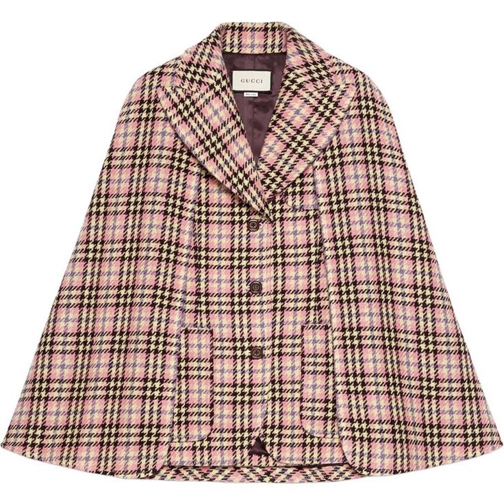 Pink/Multicolour Wool-Mohair Blend Convertible Houndstooth Cape From Gucci Featuring Houndstooth Pattern, Front Button Fastening, Peak Lapels And Multiple Patch Pockets. Chic Gucci Wool Outerwear, Luxury Pink Single Breasted Outerwear, Luxury Pink Single-breasted Outerwear, Gucci Wool Outerwear For Work, Gucci Tailored Wool Outerwear, Gucci Wool Single-breasted Outerwear, Gucci Single Breasted Wool Outerwear, Gucci Single-breasted Wool Outerwear, Chic Gucci Single-breasted Outerwear