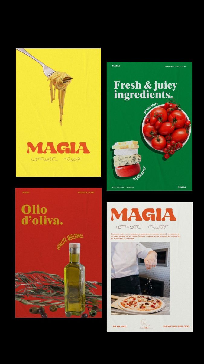 four posters with different food items in the middle one is magia, fresh & juicy ingredients, and the other two are pasta