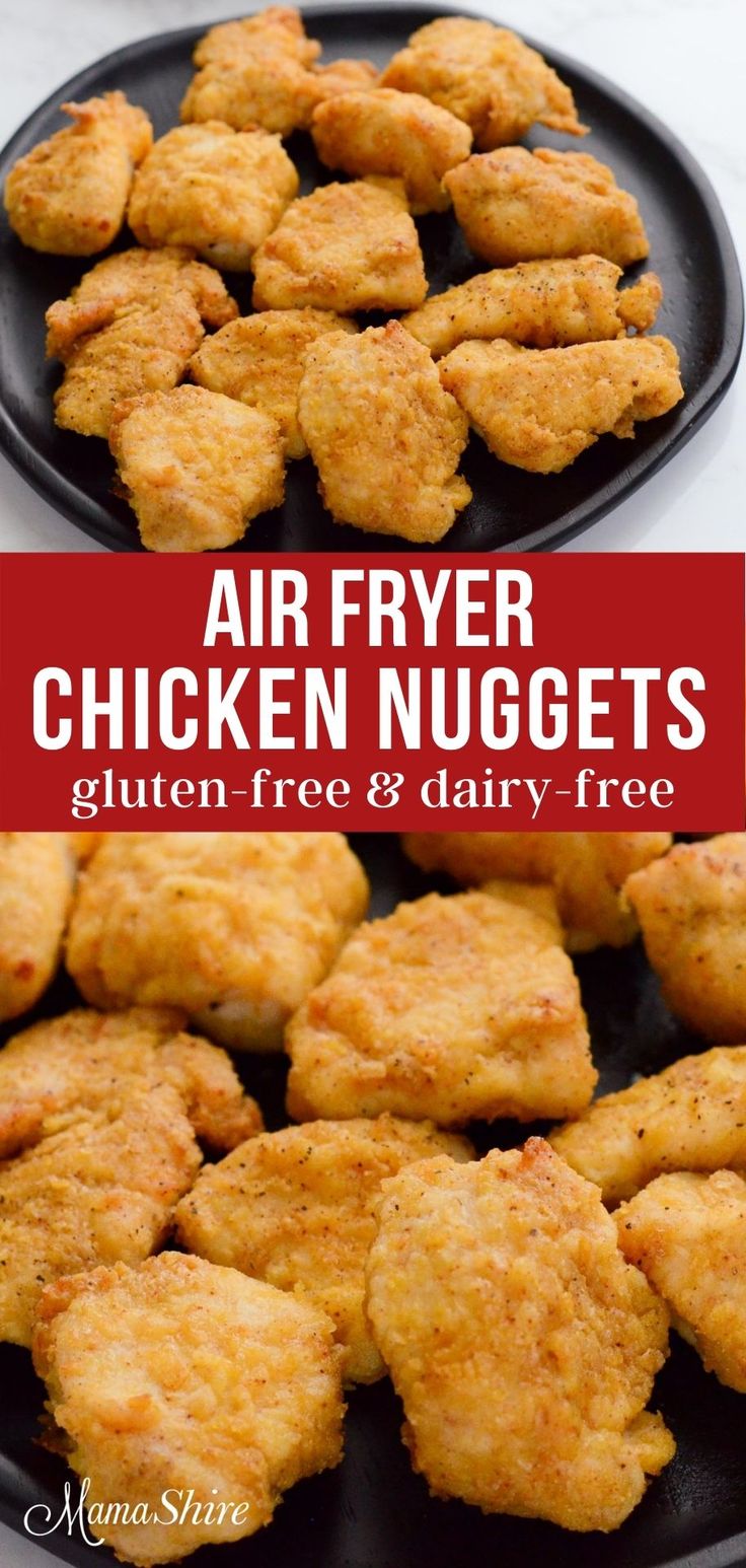 Gluten-free chicken nuggets on a black plate on top and a close-up on the bottom of the photo. Air Fried Chicken Nuggets, Air Fryer Chicken Nuggets, Gluten Free Chicken Nuggets, Gluten Free Dinner Easy, Chicken Nugget Recipes, Air Fried Chicken, Air Fryer Recipes Chicken, Best Gluten Free Recipes, Gluten Free Dairy Free Recipes