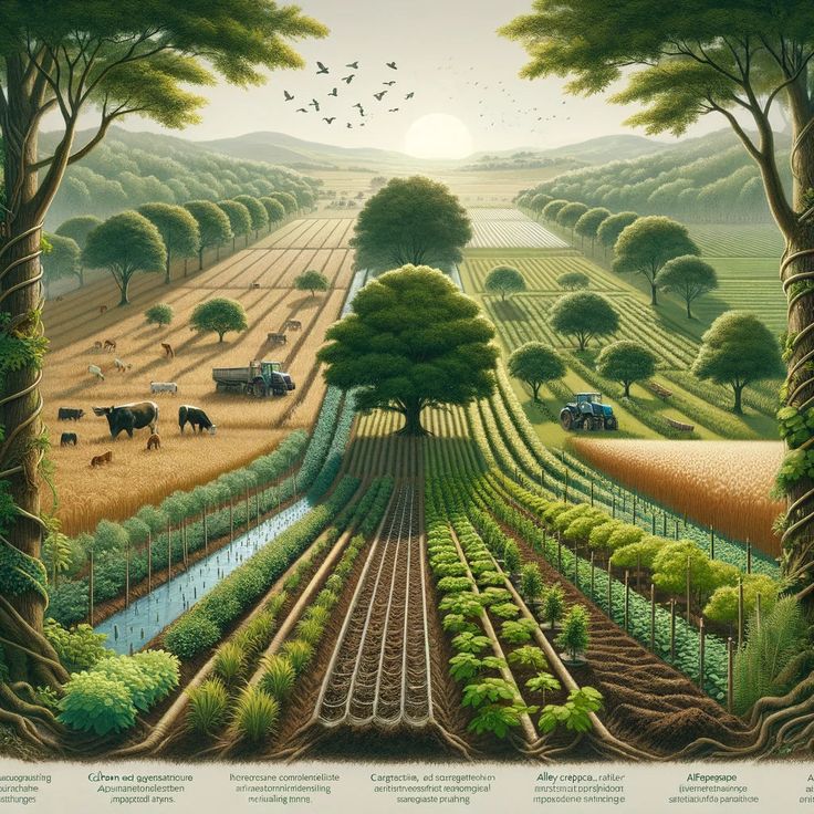 a painting of farm land with animals and trees