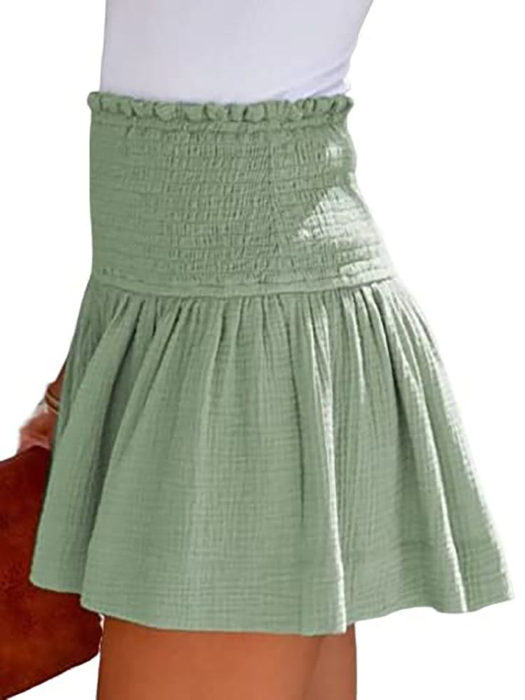 Material: 80-90% Polyester & Spandex. Features:High waist. solid color. ruffle hem. short pants.Style: Casual Stretch Cotton Bottoms With Ruffle Hem, Spring Bottoms With Ruffle Hem, Fitted Solid Shorts With Ruffles, Casual Green Ruffled Bottoms, Stretch Cotton Ruffle Shorts, Stretch Ruffle Cotton Shorts, High Waist Solid Pleated Shorts, Stretch Cotton Ruffled Shorts, Solid High Waist Pleated Shorts