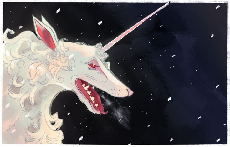 a drawing of a white unicorn with red eyes and long manes, standing in the snow