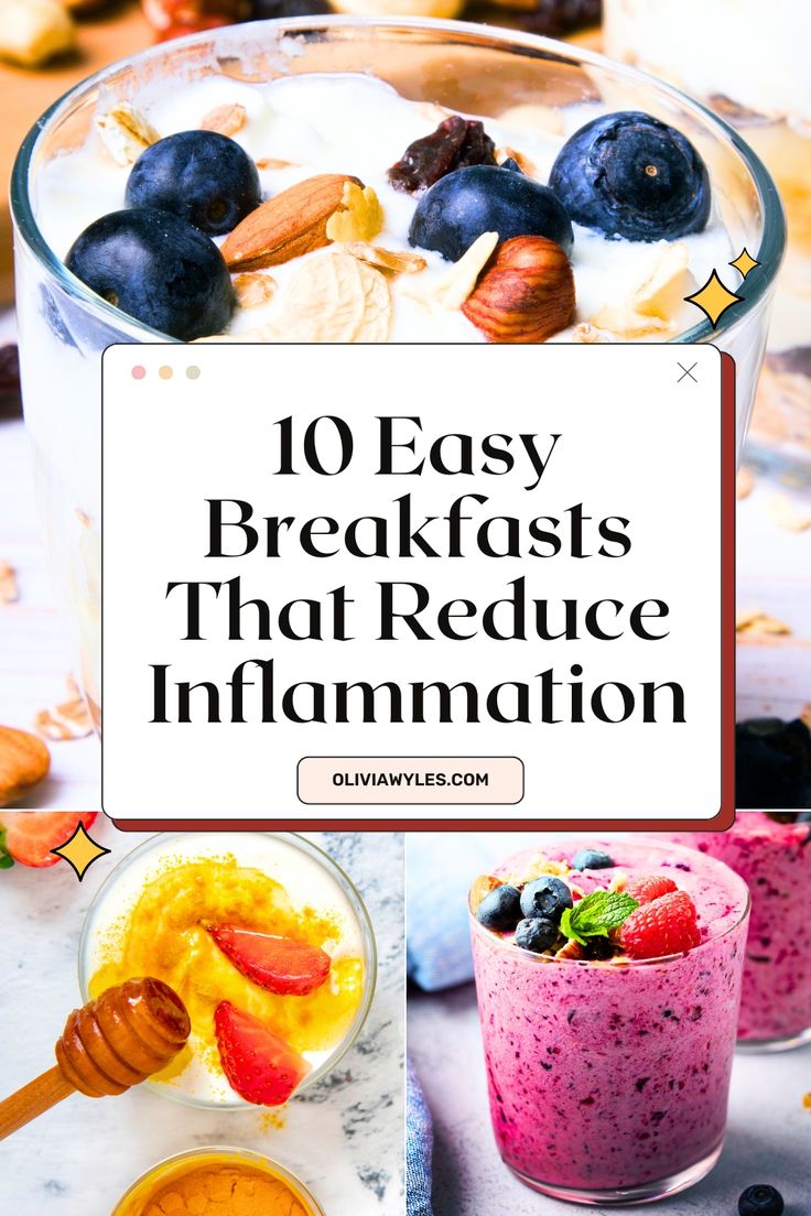 10 Quick & Easy Anti-Inflammatory Breakfast Ideas | Recipes That'll Reduce Inflammation | Looking for quick and easy breakfast ideas that help fight inflammation? These 10 anti-inflammatory breakfasts are packed with nutrient-dense ingredients like turmeric, ginger, berries, and avocado. Perfect for busy mornings, these recipes will nourish your body and keep you feeling energized all day. Pin now and start your day with a healthy, delicious meal! Reduce Inflammation Recipes, Healthy Antiinflammatory Recipes, Healthy Non Inflammatory Breakfast, Quick Anti Inflammation Dinner Recipes, Top Inflammatory Foods, Anti I Flamatory Foods, Gluten Free Anti Inflammation Diet Recipes, Breakfast Quick Healthy, Foods That Lower Inflammation