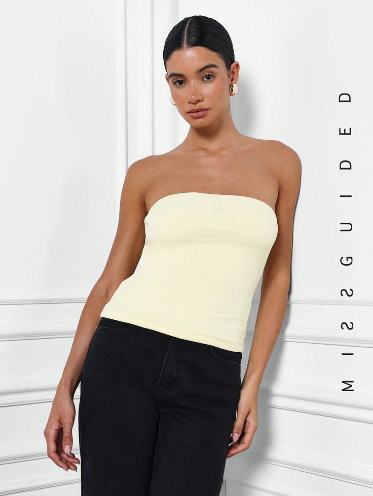 Yellow Casual Collar Sleeveless Knitted Fabric Plain  Embellished High Stretch  Women Clothing Strapless Seamless Top For Spring, Strapless Cotton Tube Top, Fitted Cotton Bandeau Tube Top, Sleeveless Cotton Tube Top, Summer Tops With Seamless Straight Neckline, Summer Tops With Straight Neckline And Seamless Detail, Trendy Strapless Cotton Tank Top, Seamless Sleeveless Tube Top For Spring, Spring Seamless Top With Straight Neckline