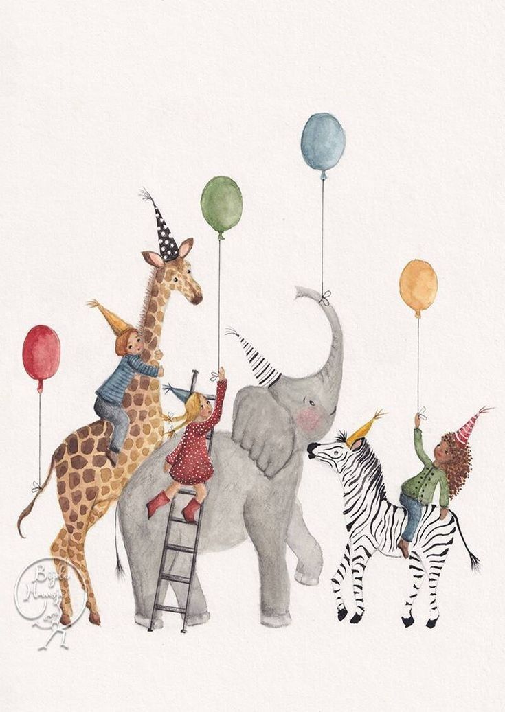 an elephant, giraffe and zebra with balloons