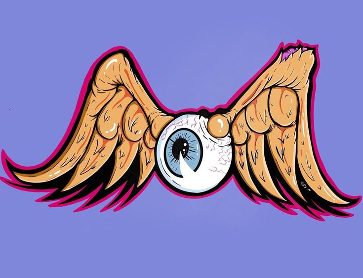 an eyeball with large wings is shown on a purple background