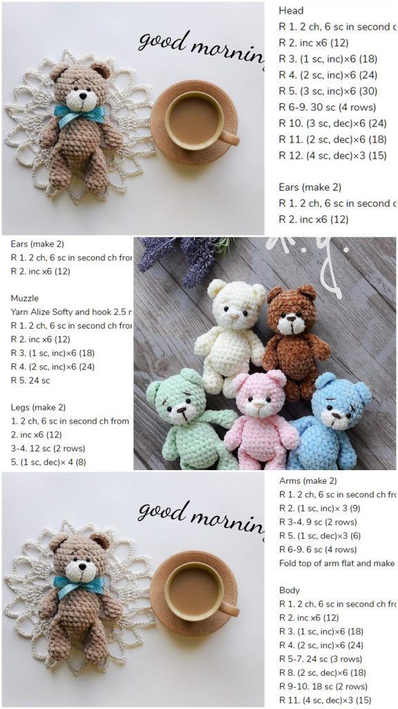 crocheted teddy bears sitting next to a cup of coffee