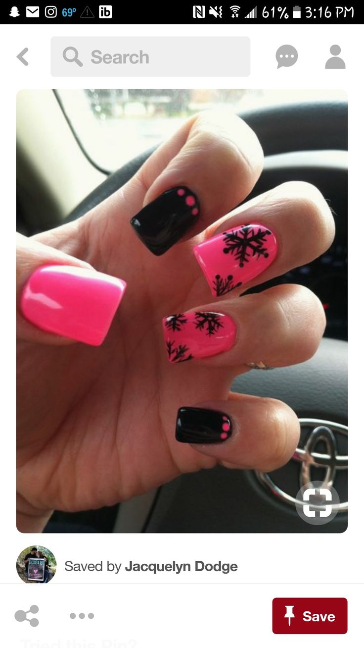 Black and hot pink snowflake Christmas #nails #holiday #christmas #girlie #brightholiday Black And Pink Christmas Nails, Pink And Black Christmas Nails, Hot Pink Winter Nails, Hot Pink Christmas Nails, Medium Length Nails Acrylic, Hot Pink And Black Nails, Snowflake Christmas Nails, Christmas Acrylics, Pink Snowflake