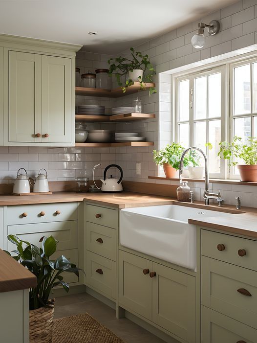 a kitchen filled with lots of green plants and white cupboards next to a window