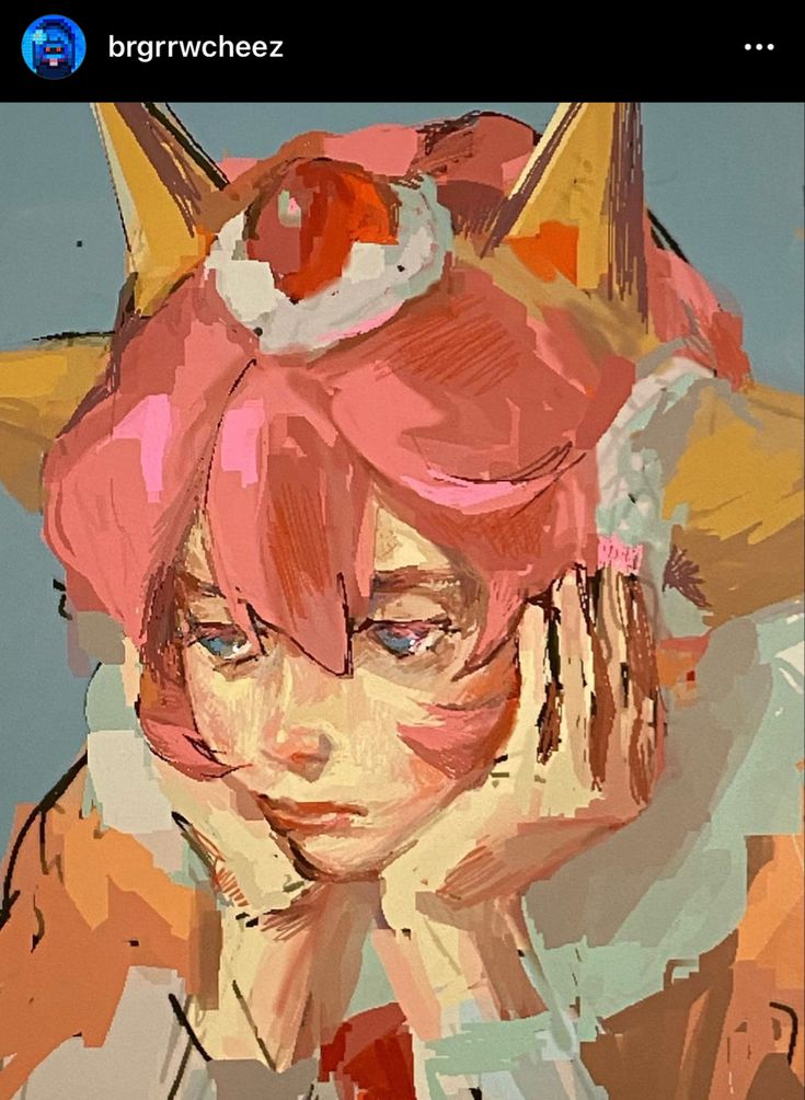 a painting of a woman with pink hair wearing a cat hat and holding her hands to her face