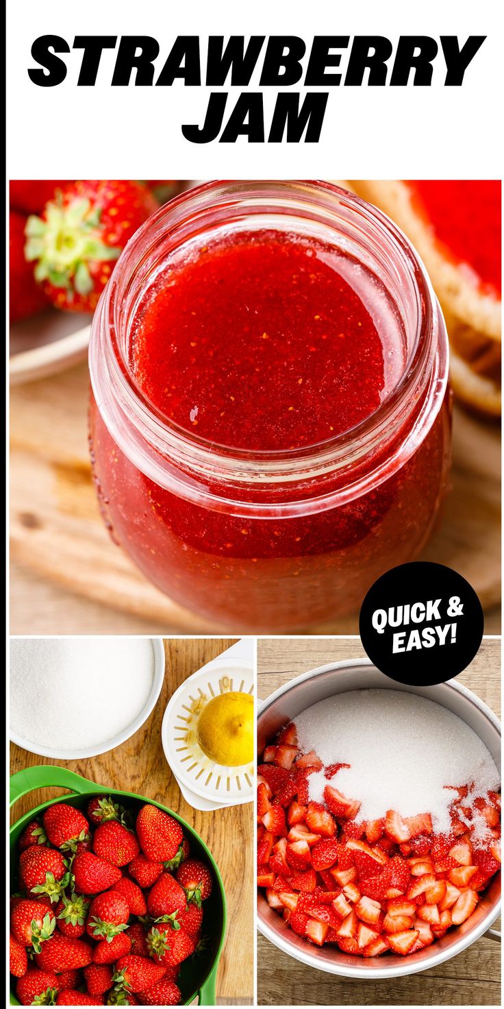 strawberry jam in a jar with the words, how to make it