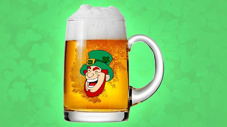 a beer mug with an image of a smiling lepreti saint patrick's day character on it