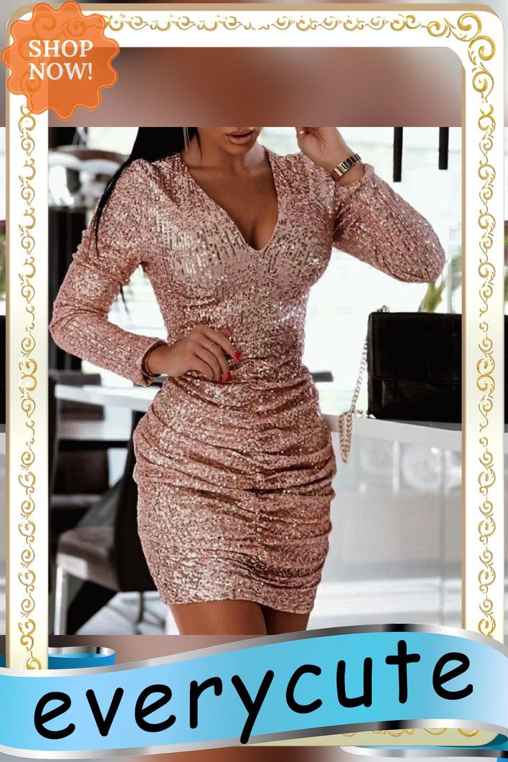 Sexy Wrap Pleated Shiny Sequin Party Dress Elegant V Neck Long Sleeve Mini Dress New Fashion Solid High Waist Slim Dress Vestido Fitted V-neck Sequin Dress In Flirty Style, Glamorous Winter Bodycon Dress For Party, Glamorous Winter Party Bodycon Dress, V-neck Sequin Dress For Club Parties, Knee-length Party Dresses For Winter, Party-ready Long Sleeve Mini Dress, Flirty Club Dress For Winter, Fitted Winter Party Sequin Dress, Fitted Winter Sequin Party Dress