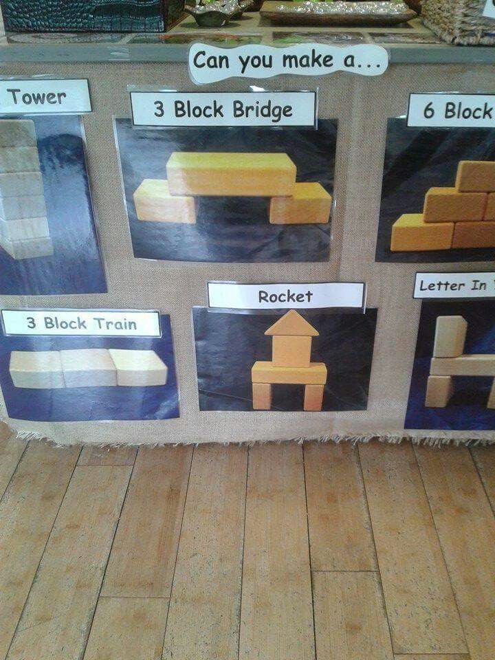 a display case with different types of blocks on the front and sides, along with instructions for each block