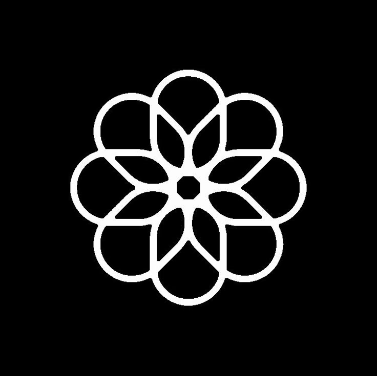 a black and white logo with a flower on the bottom, in front of a dark background