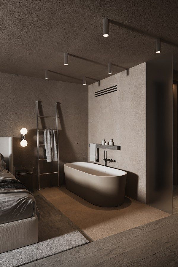 a bathroom with a large tub next to a bed and a ladder on the wall