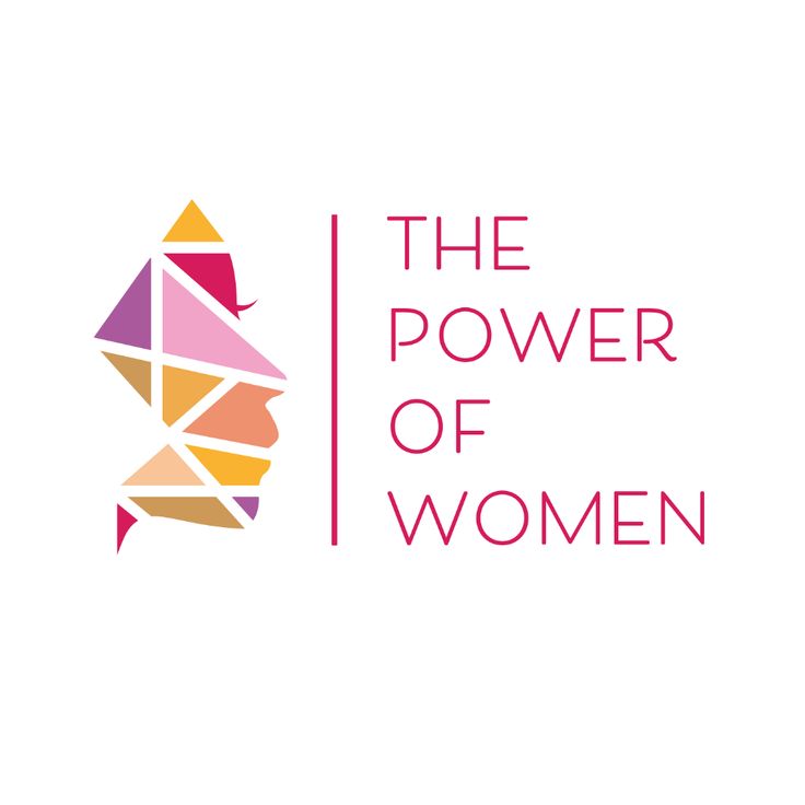 the power of women logo on a white background with pink, yellow and orange shapes